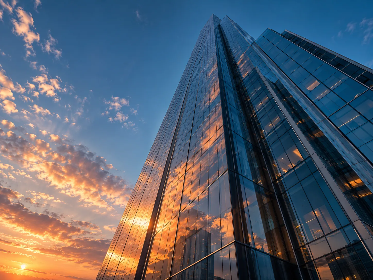 A ground-level view looking up the glass facade of a soaring skyscraper into a bright blue sky.